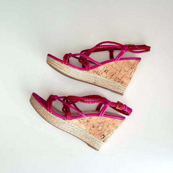 PRADA Strappy Suede Slingback Cork Wedge Sandals in Fuchsia Red Size 38.5 US 8.5 - Picture 3 of 10